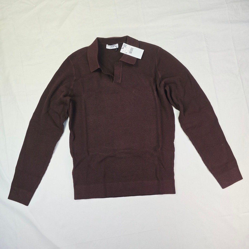 Mango MNG Ribbed Knit Polo Sweater Mens Medium Burgundy Brown Long Sleeve